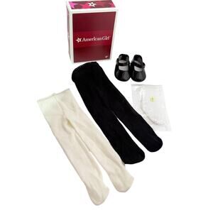 American Girl Samantha Shoes & Socks Black Patent Mary Janes Stocking Tights Box